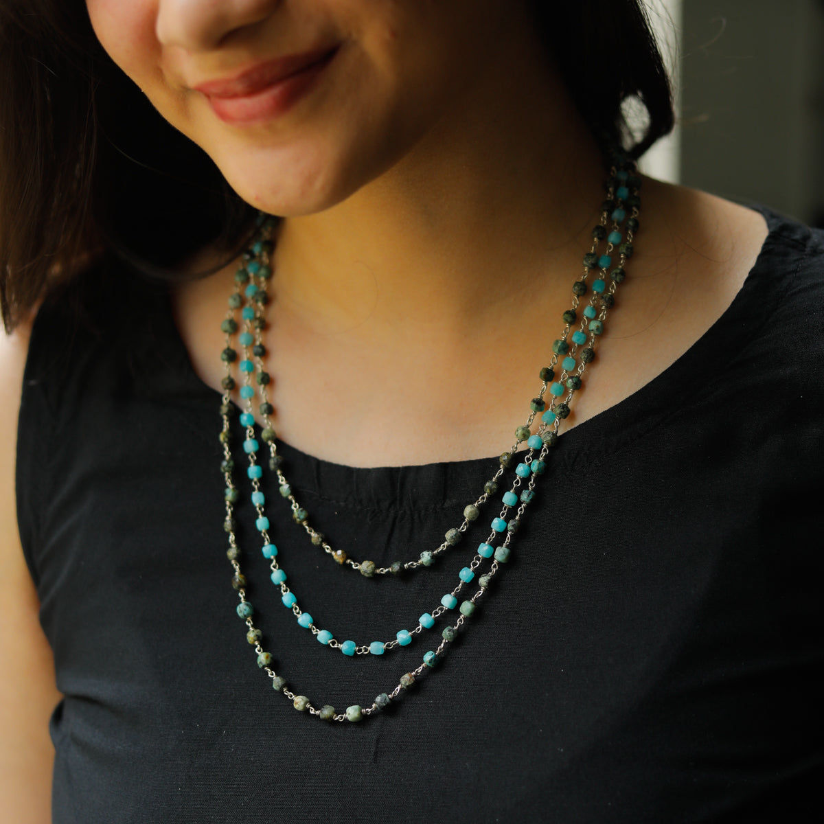 Amazonite & Firoza Stones Layered Silver Necklace