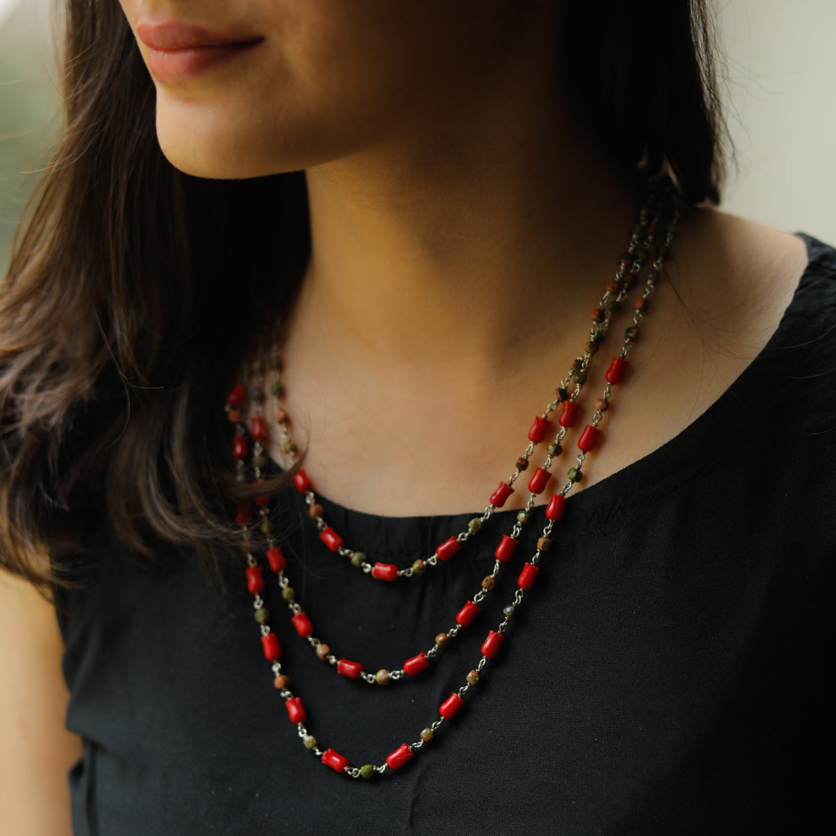 Unakite and Coral Tulips Layered Silver Necklace