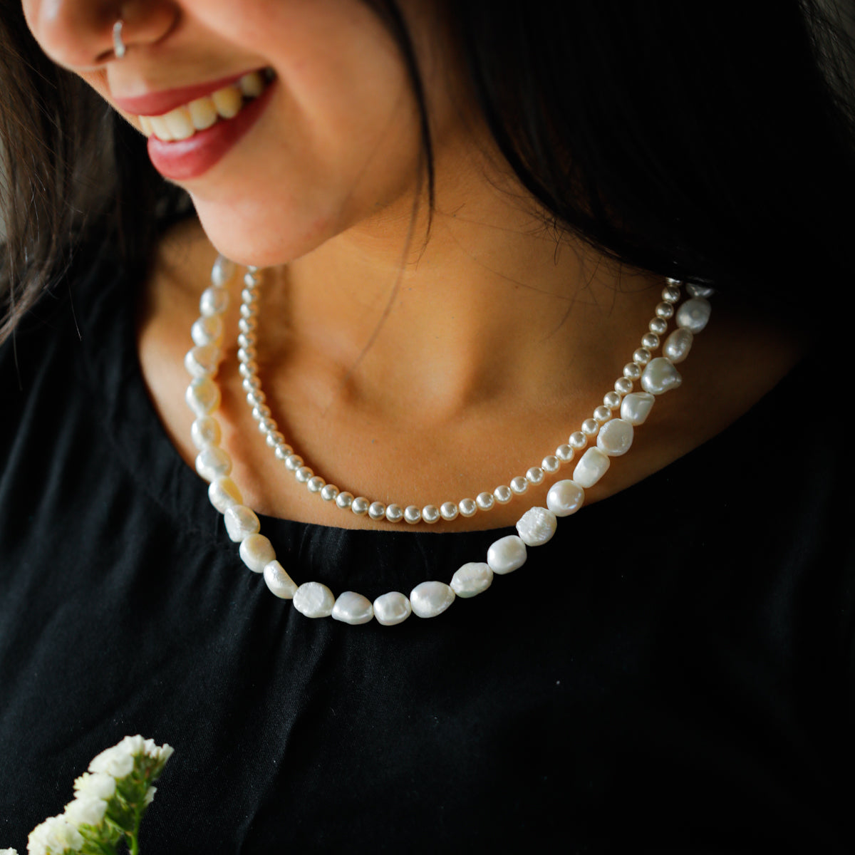 Layered Pearl Necklace with Natural and Round Pearls