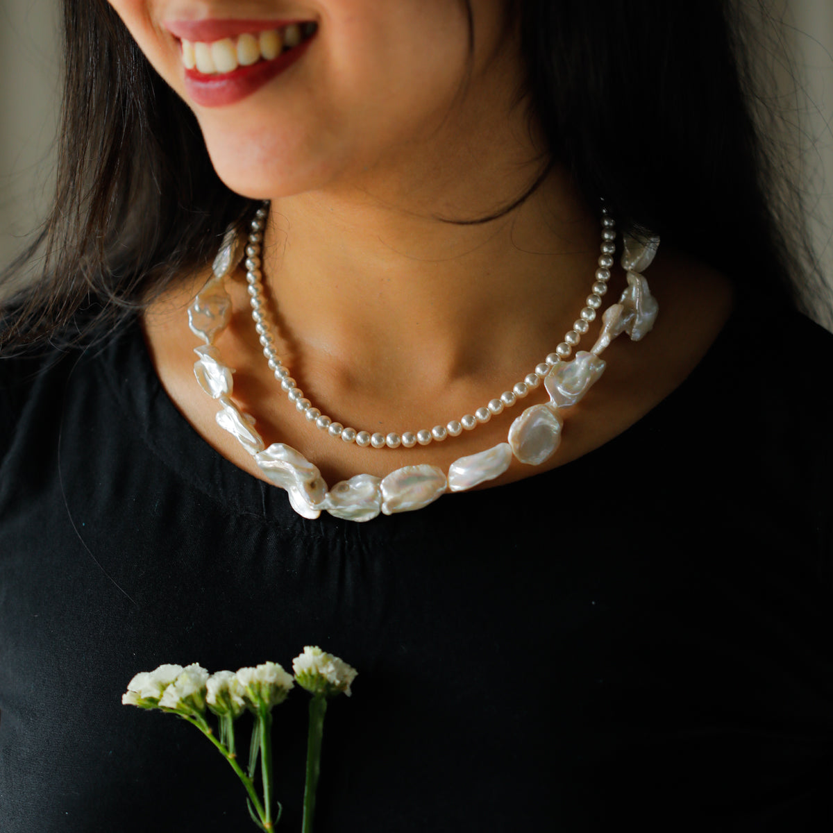 Layered Pearl Necklace with Baroque and Round Pearls