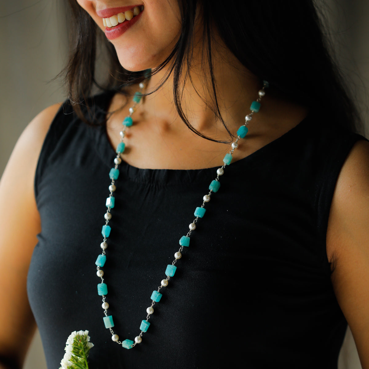 Amazonite and Pearls Silver Necklace