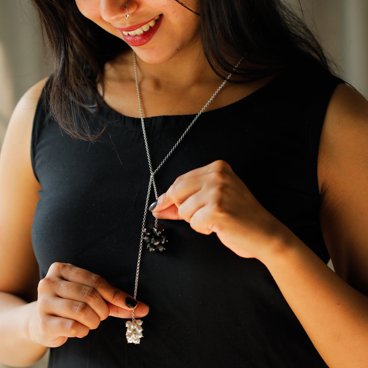 Silver Tie & Wear Necklace with Pearls & Black Onyx