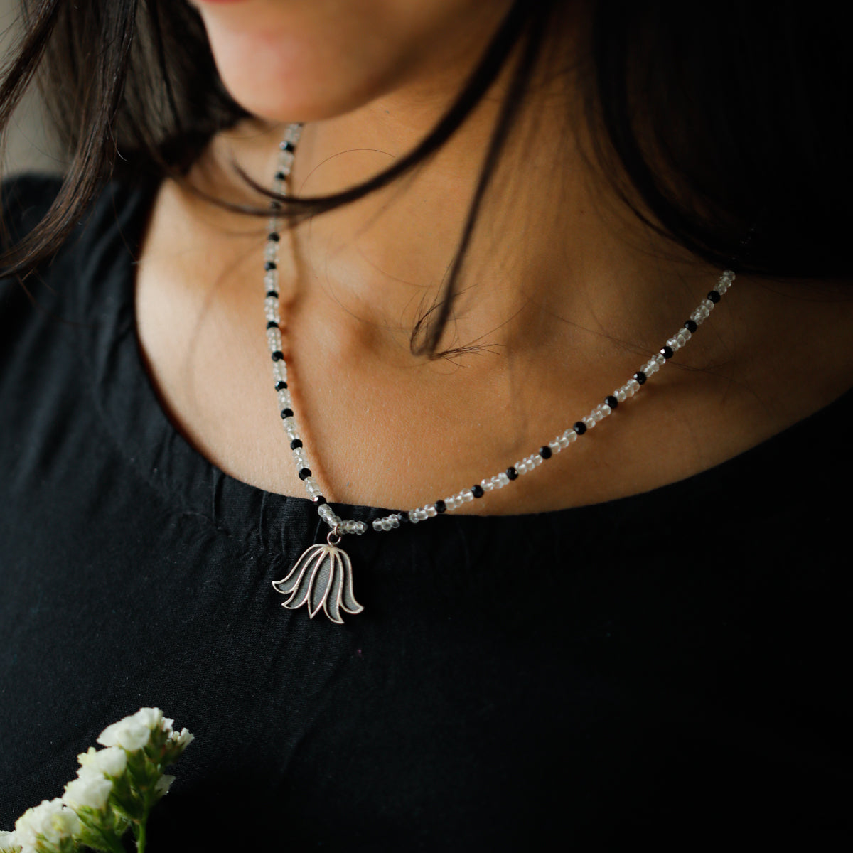 Lotus Necklace with Crystals and Black Spinel