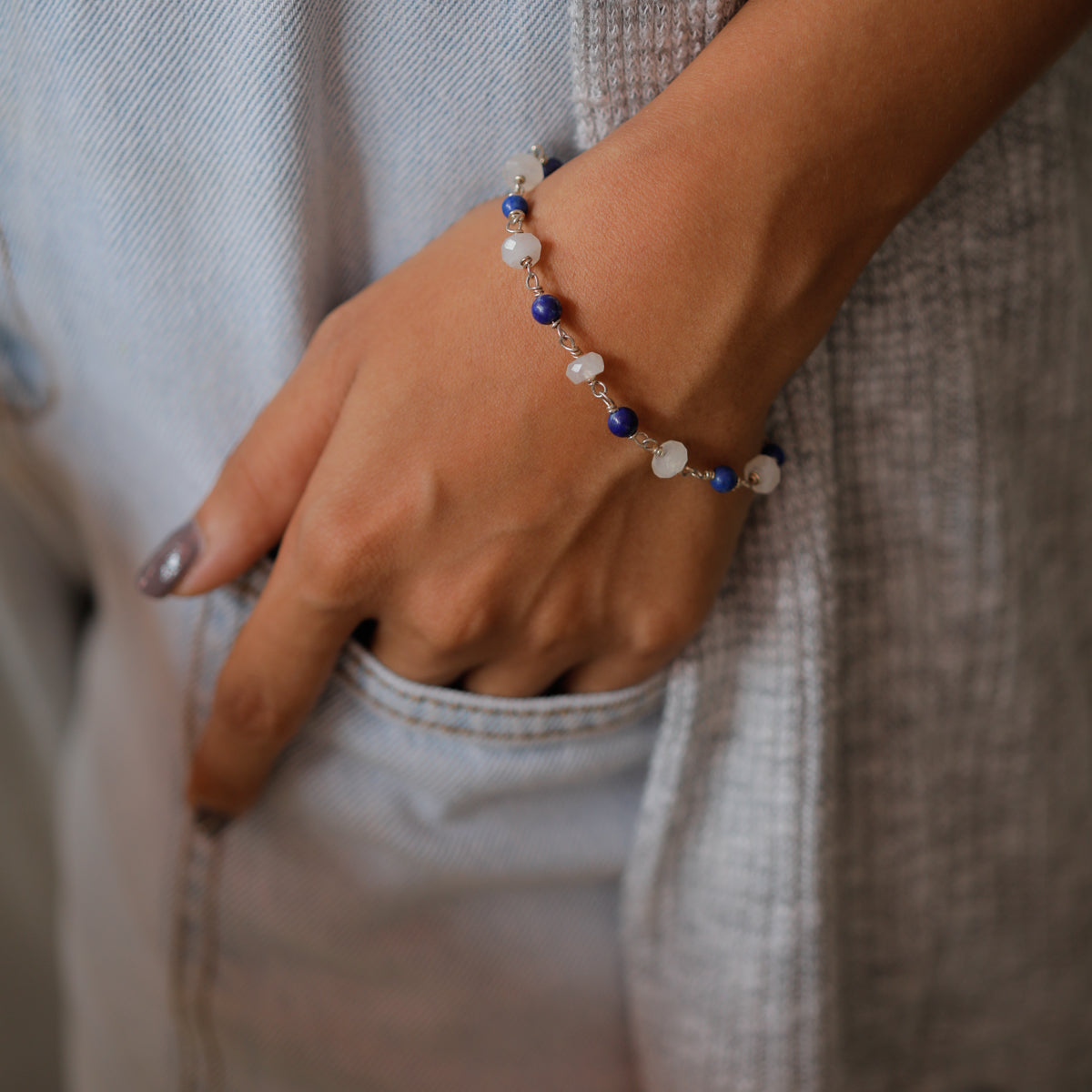 Moonstone and Lapis Lazuli Silver Bracelet