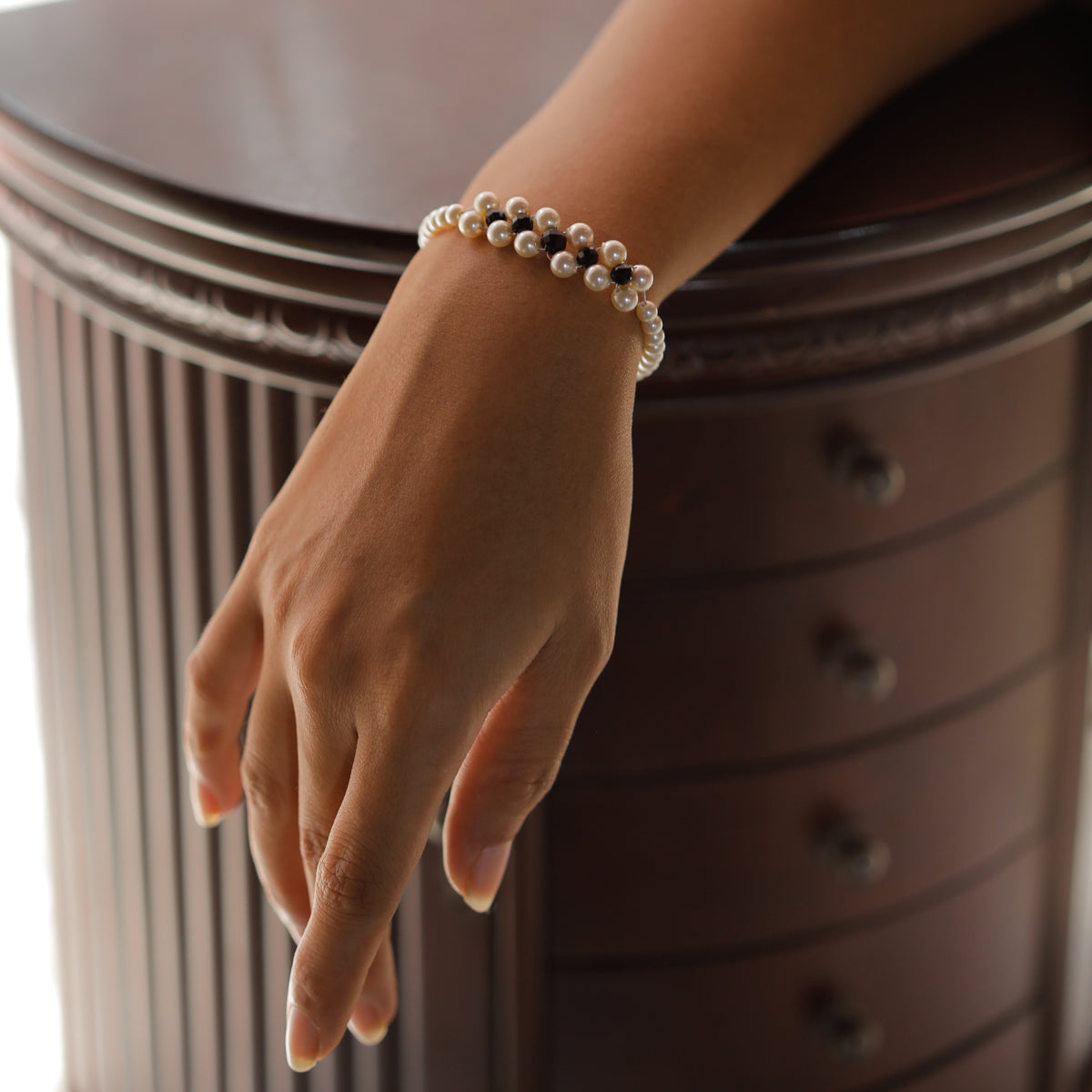 Silver Black Spinel and Pearl Bracelet