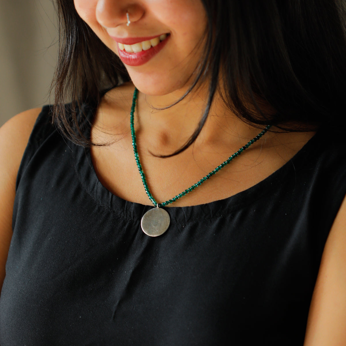 Green Onyx Necklace with Silver Coin