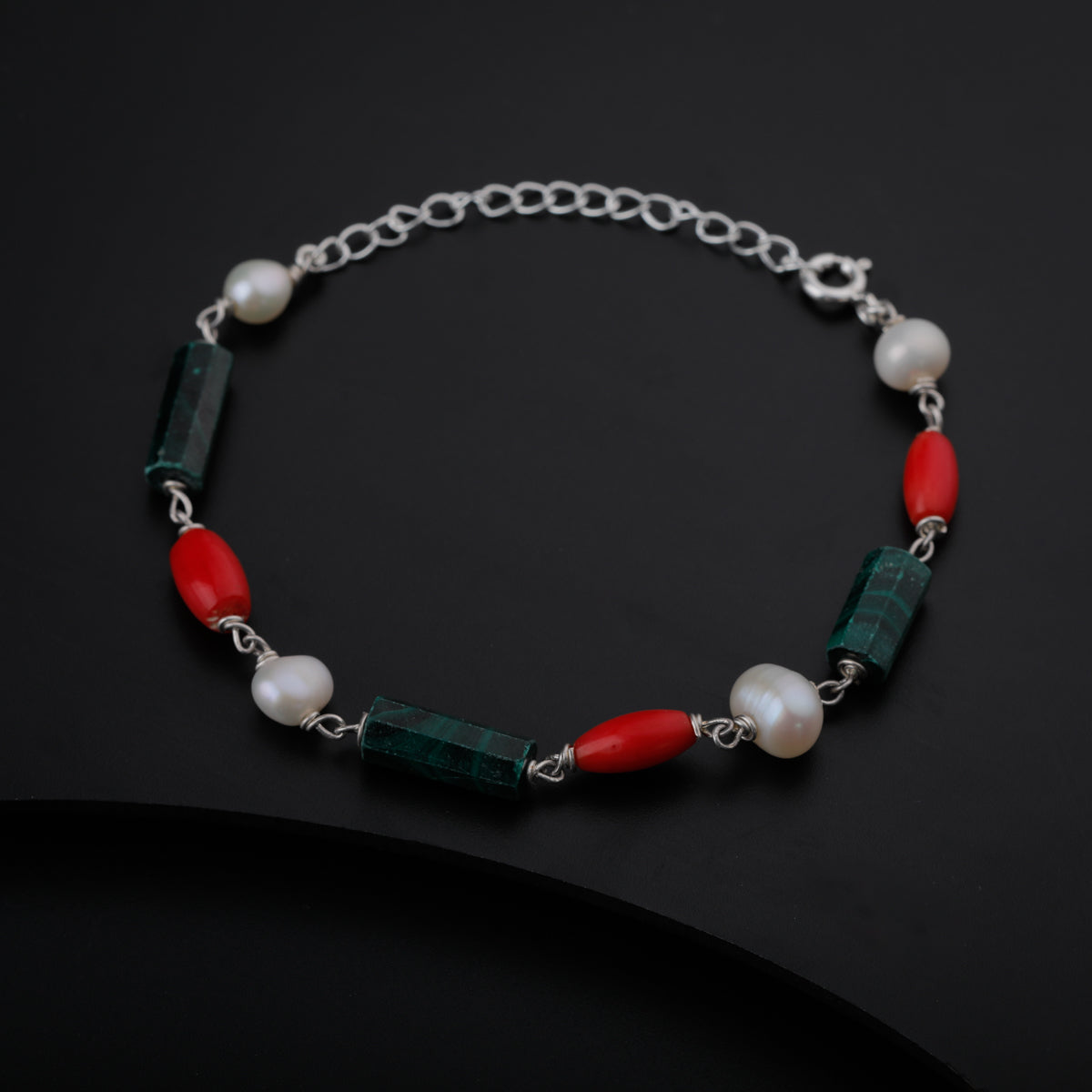 Silver Multicolor Semi-Precious Stones Bracelet with Pearls