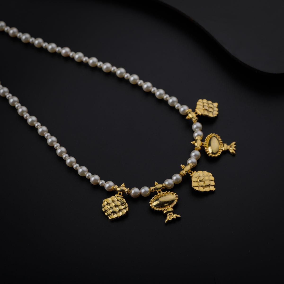 Gold Plated Silver Pearl Necklace with अननस (Ananas) and चंदन पत्र (Chandan Patra) Motif