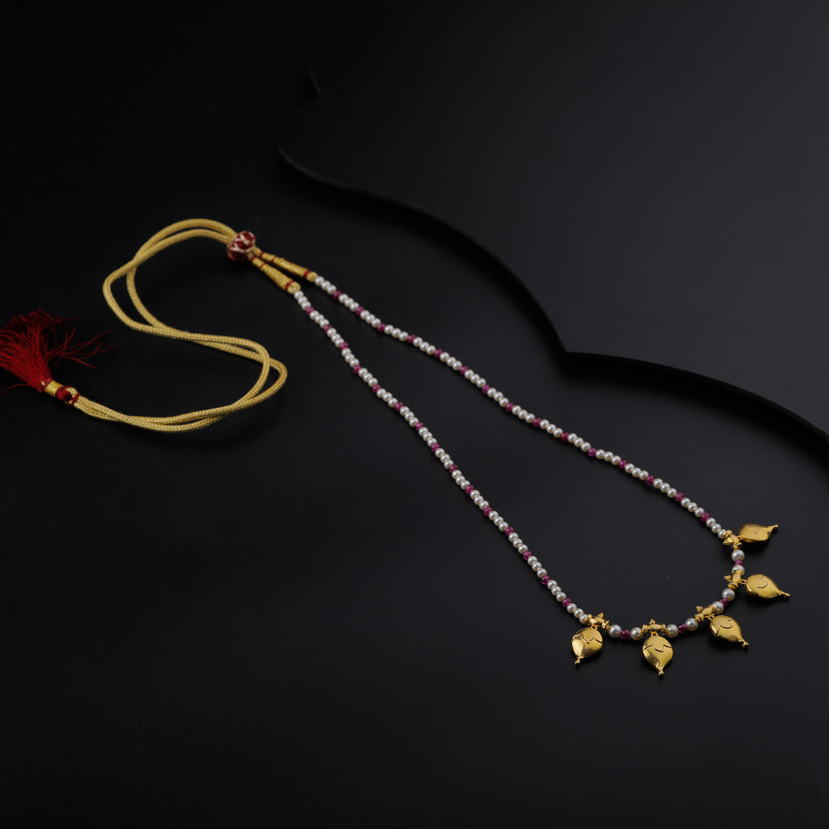 Gold Plated Silver Ruby and Pearl Necklace with वांगे (Vaange) Motif