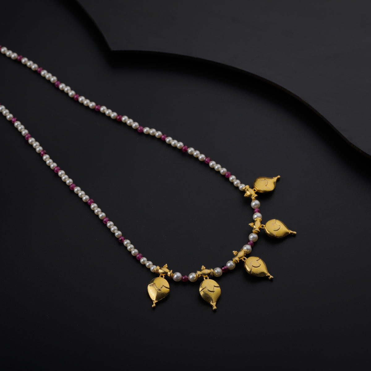 Gold Plated Silver Ruby and Pearl Necklace with वांगे (Vaange) Motif