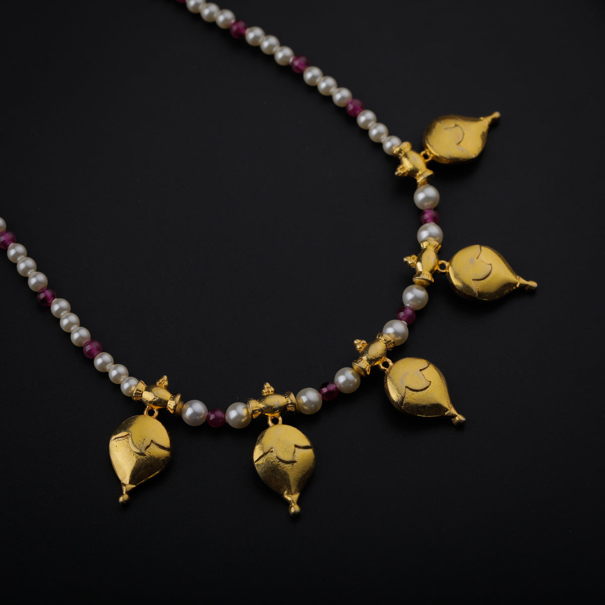 Gold Plated Silver Ruby and Pearl Necklace with वांगे (Vaange) Motif