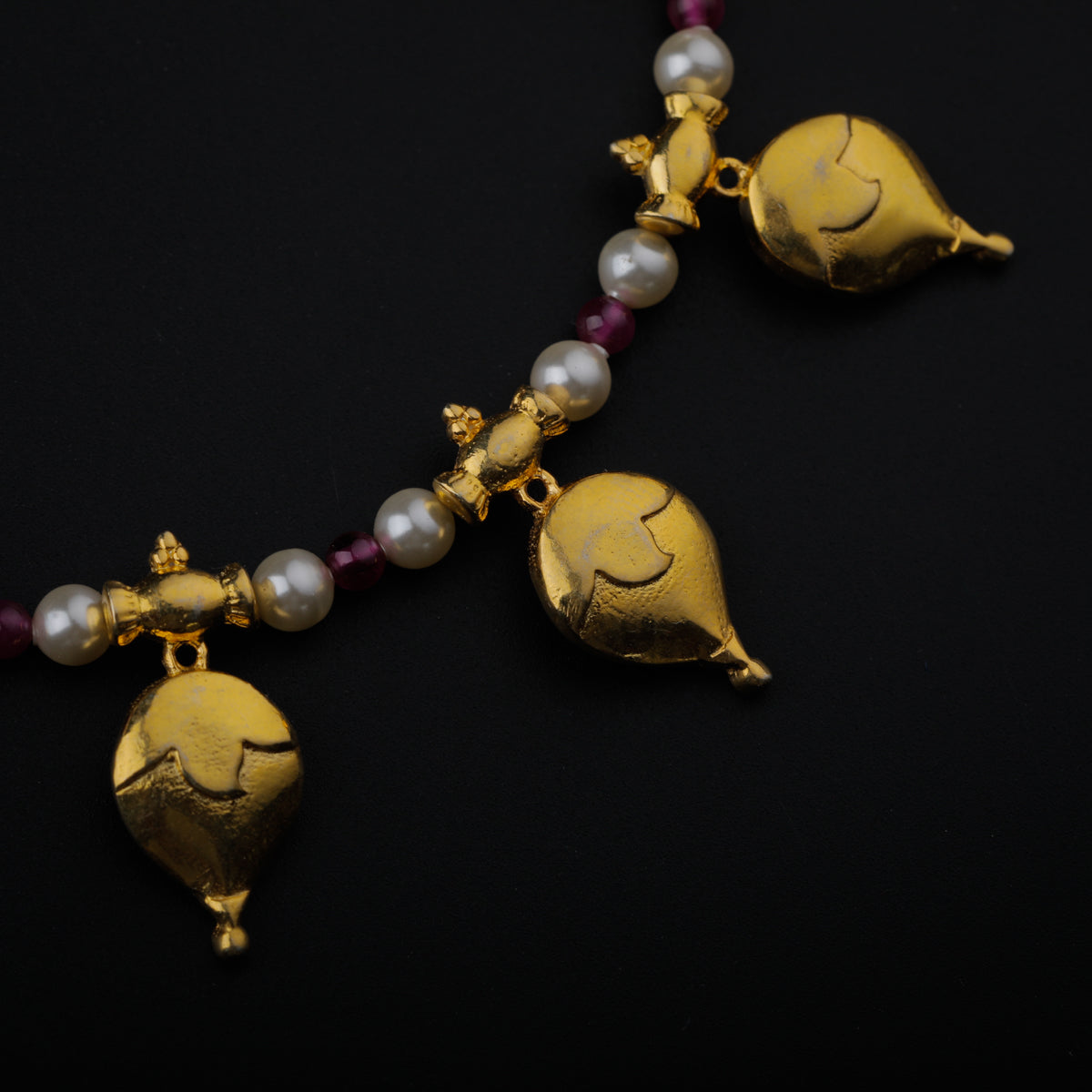 Gold Plated Silver Ruby and Pearl Necklace with वांगे (Vaange) Motif