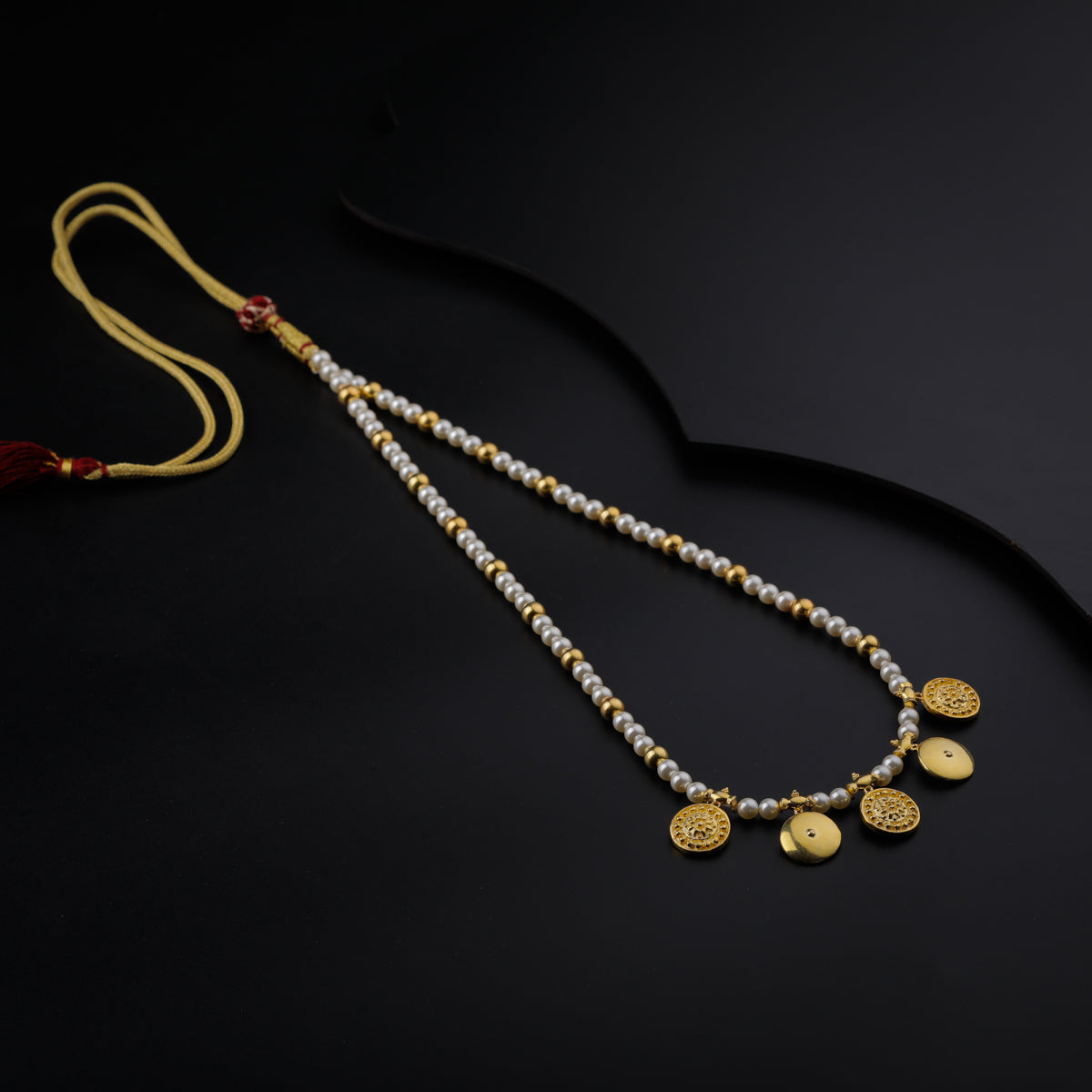 Gold Plated Silver Pearl Necklace with वाडगा (Vadagaa) and बदाम (Badam) Motif