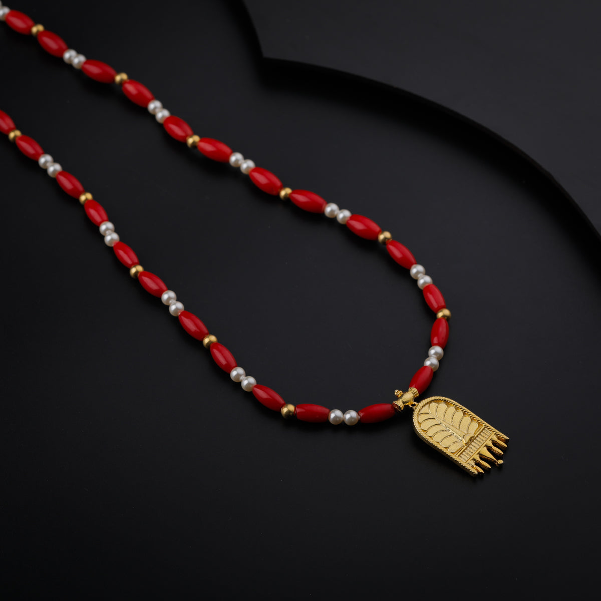 Gold Plated Silver Pearl and Coral Necklace with  ताळी (Taali) Motif