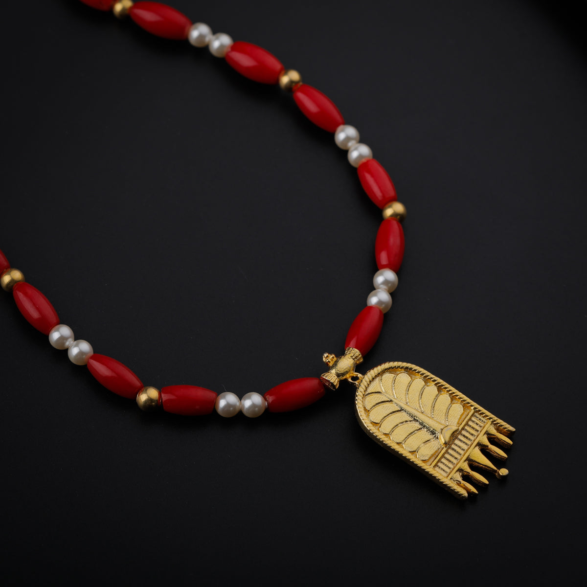 Gold Plated Silver Pearl and Coral Necklace with  ताळी (Taali) Motif