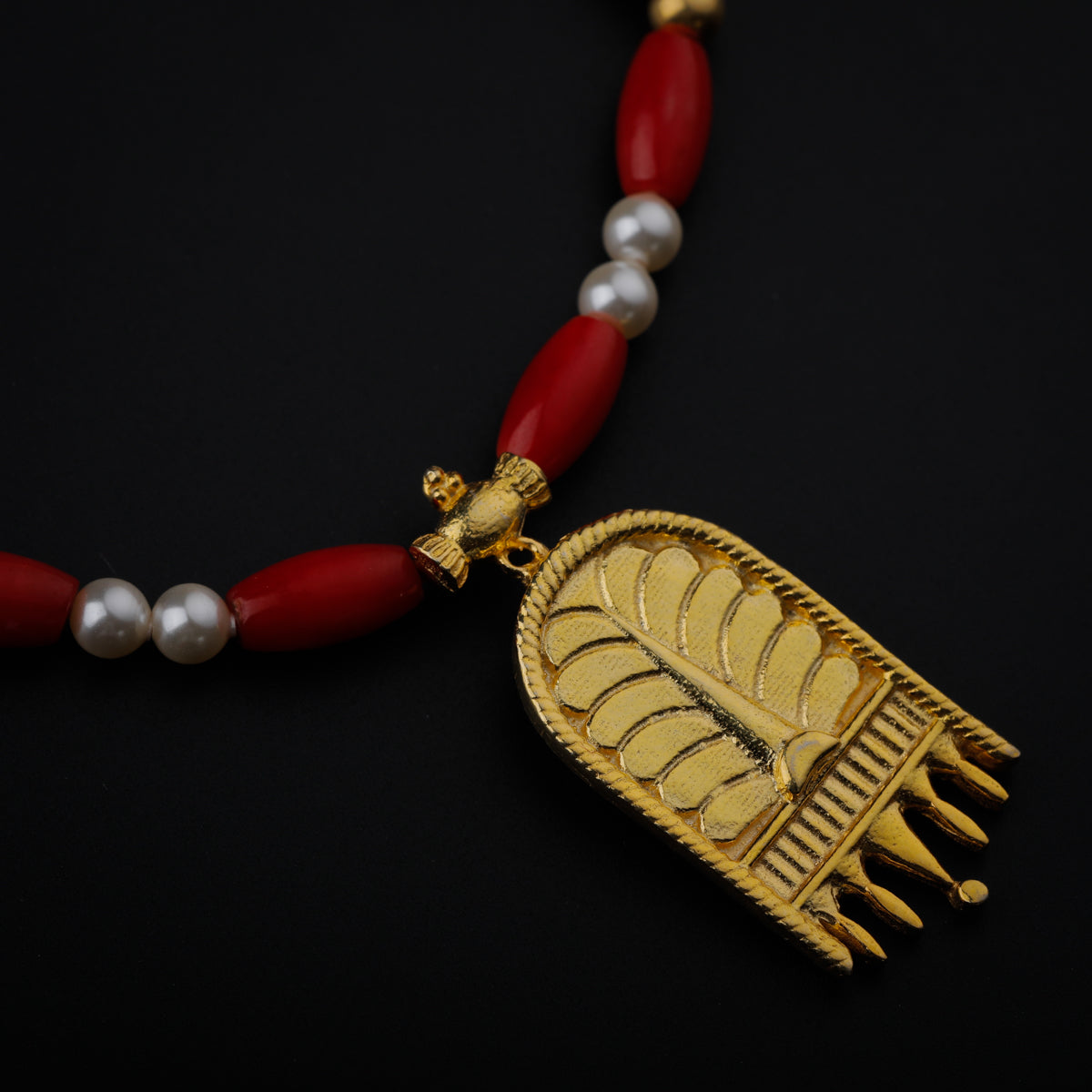 Gold Plated Silver Pearl and Coral Necklace with  ताळी (Taali) Motif