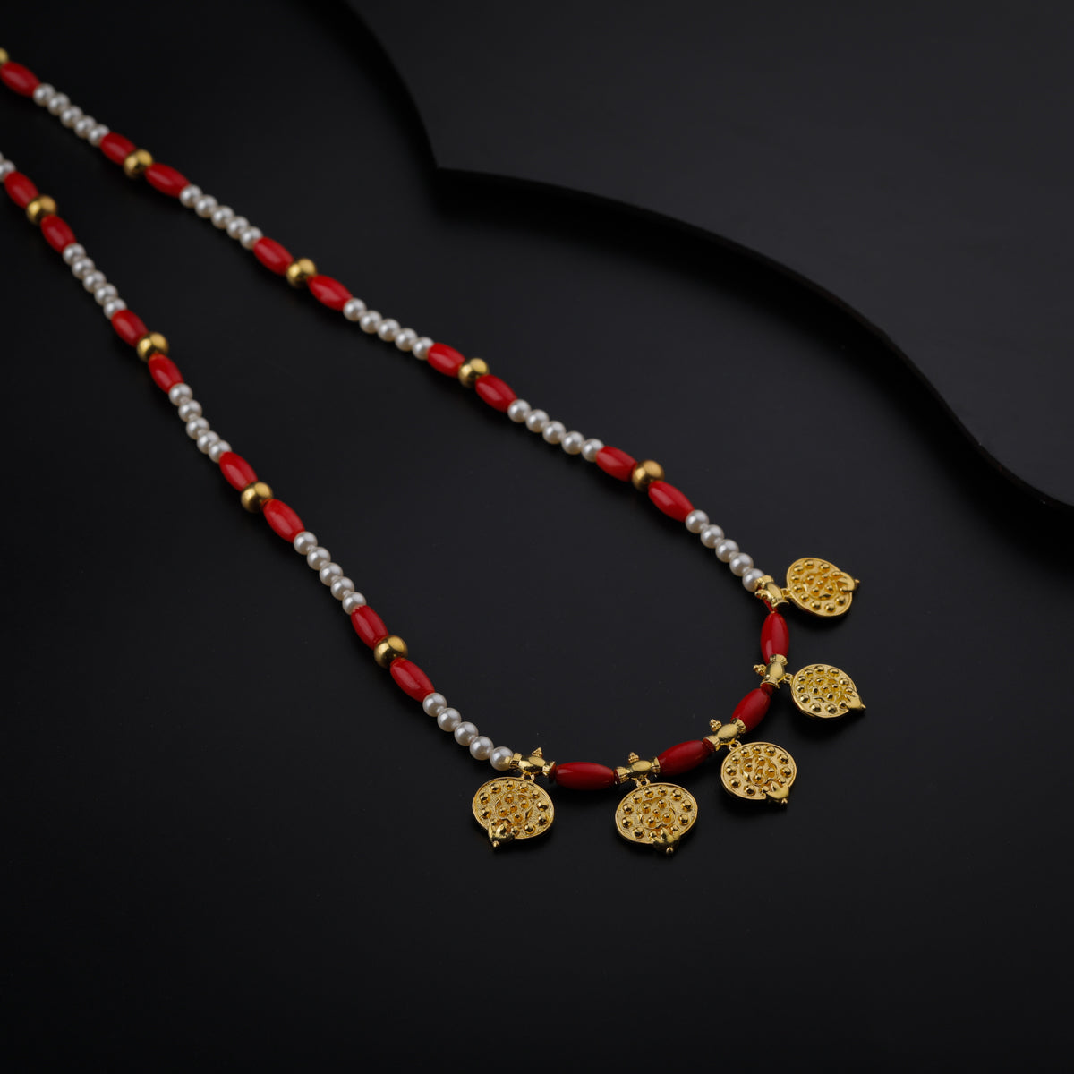 Gold Plated Silver Coral and Pearl Necklace with Saaj Motif