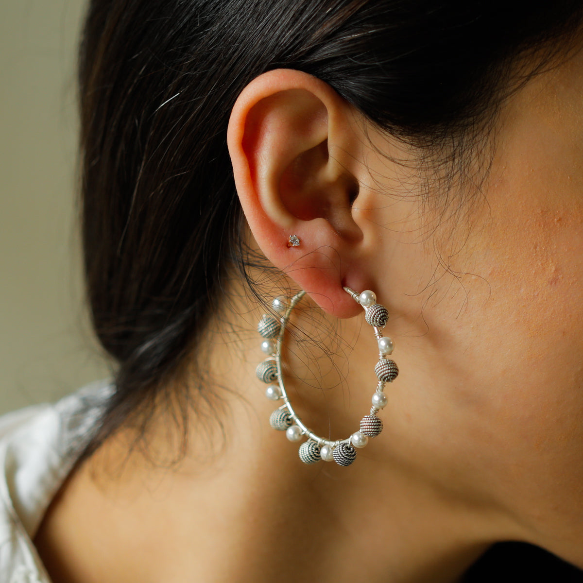 Silver Bead Hoops with Pearls