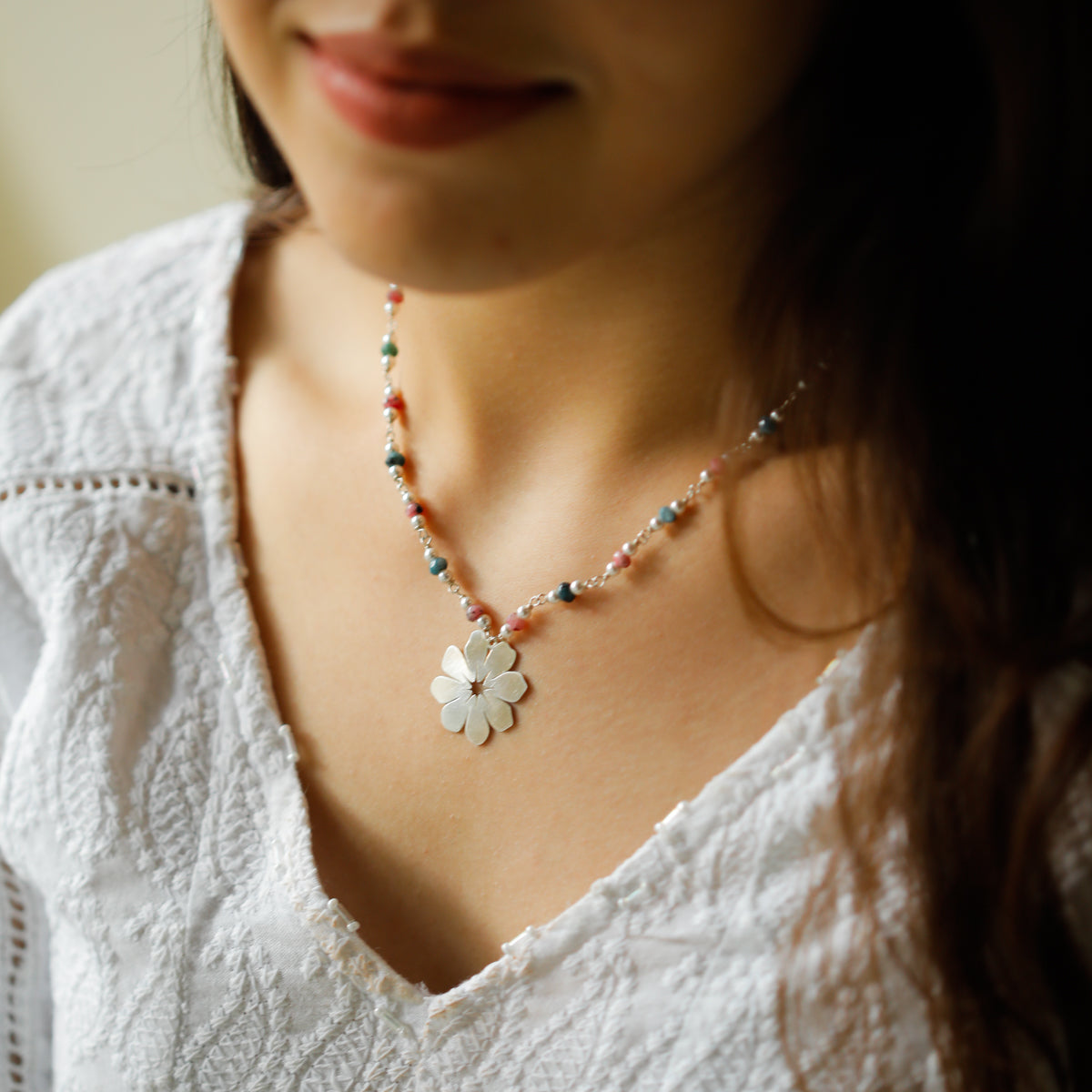 Silver Cosmos Necklace with Pearls and Semi Precious Stones