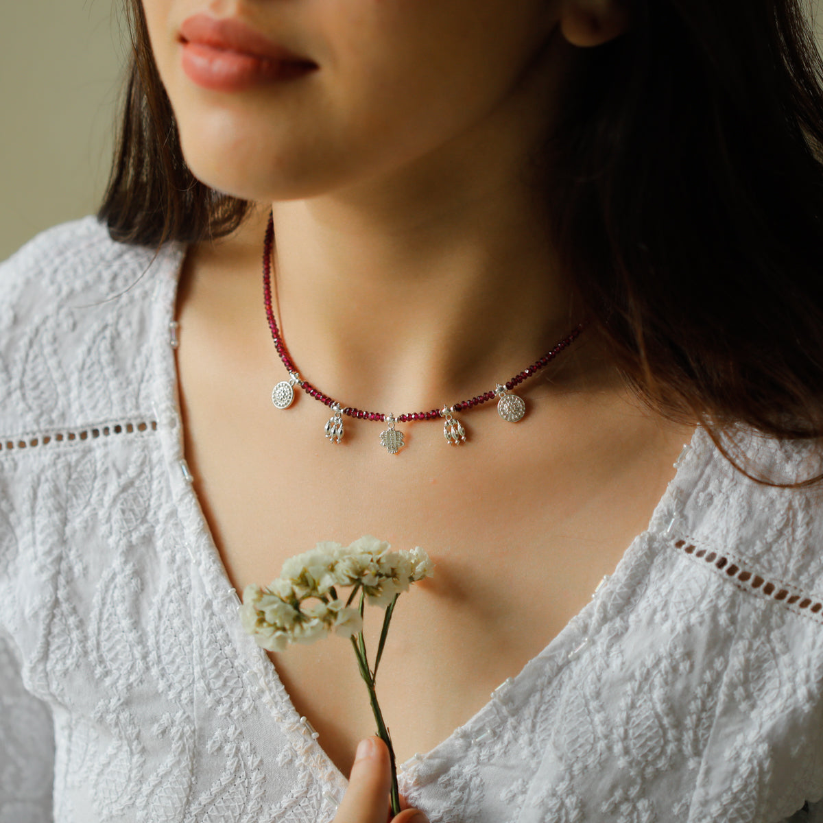 Mini Saaj Motifs Necklace with Garnet