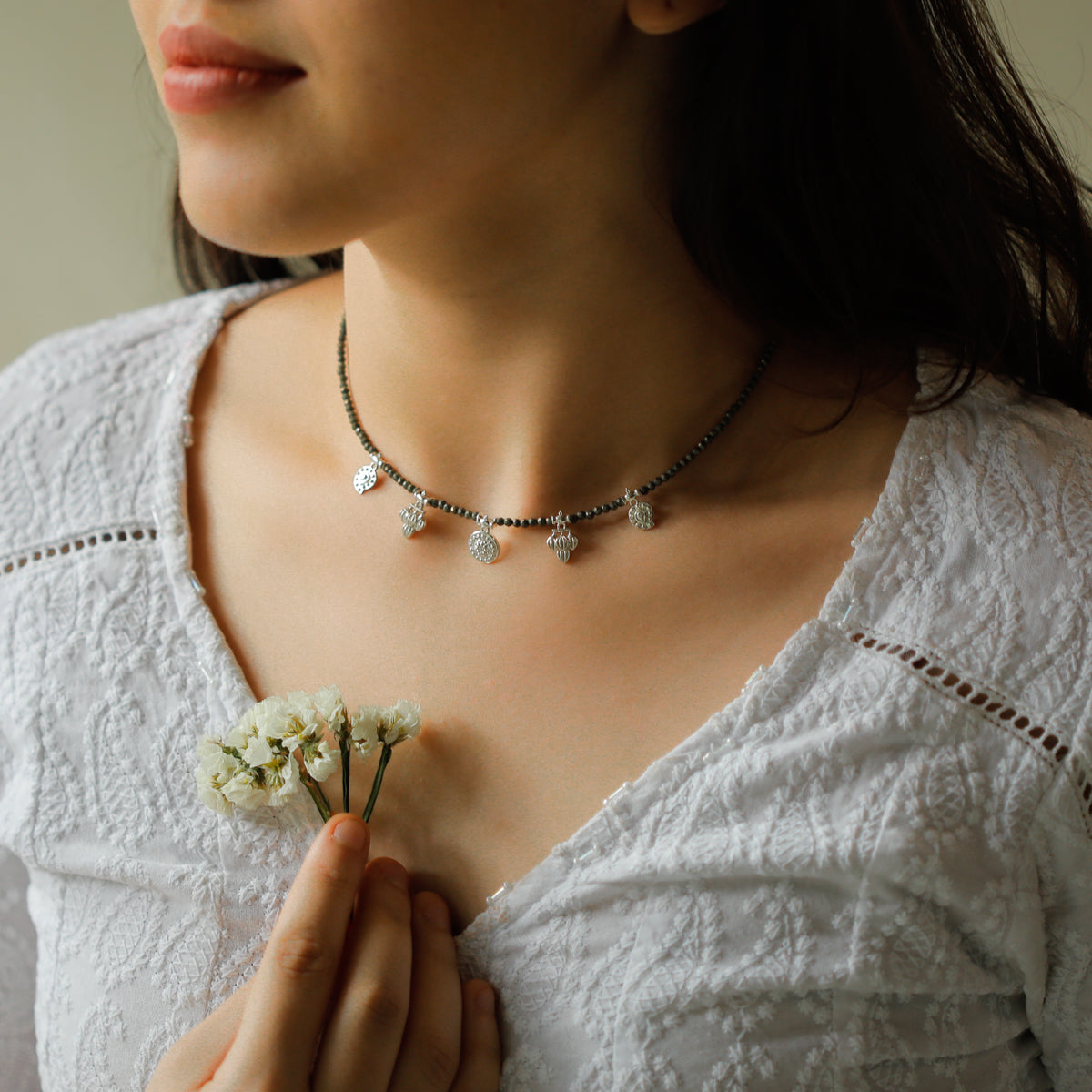 Mini Saaj Motifs Necklace with Pyrite