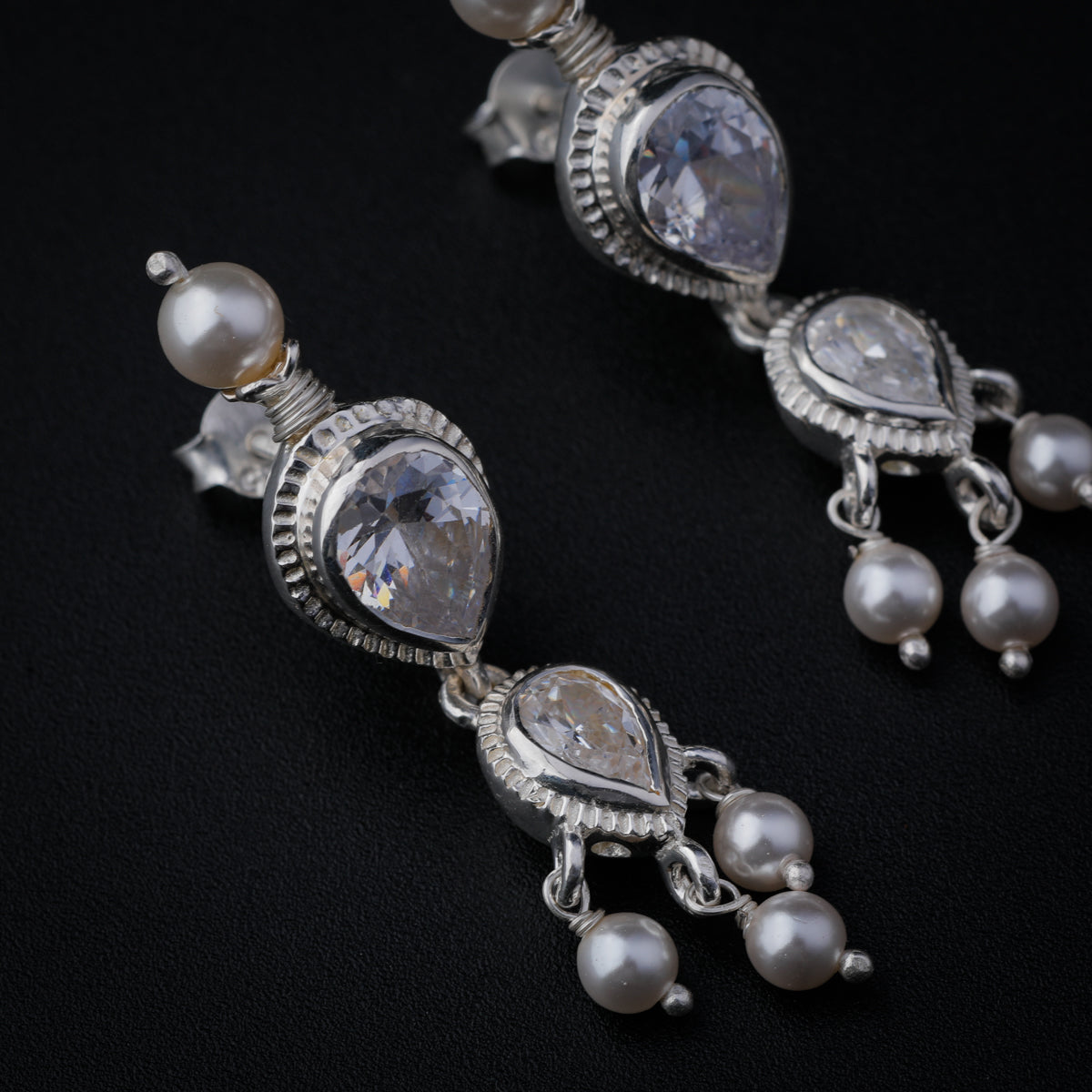 Silver Double Line Pearl Tanmani Set with Crystals