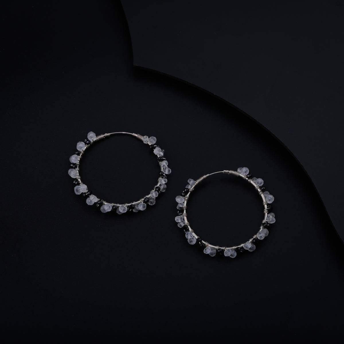 Moonstone and Black Spinel Hoop Silver Earring