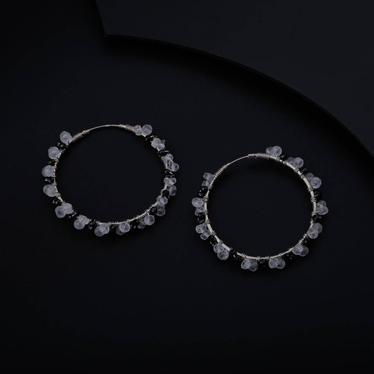 Moonstone and Black Spinel Hoop Silver Earring