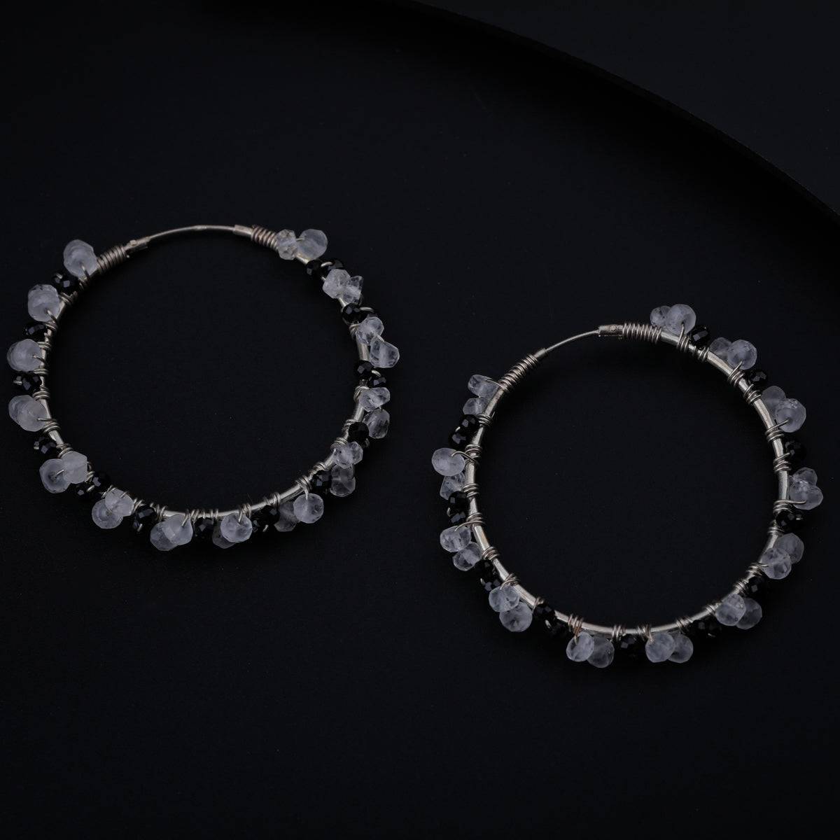 Moonstone and Black Spinel Hoop Silver Earring