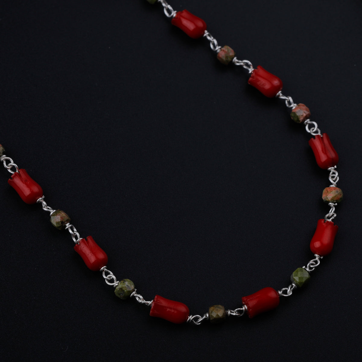 Unakite and Coral Tulips Silver Necklace