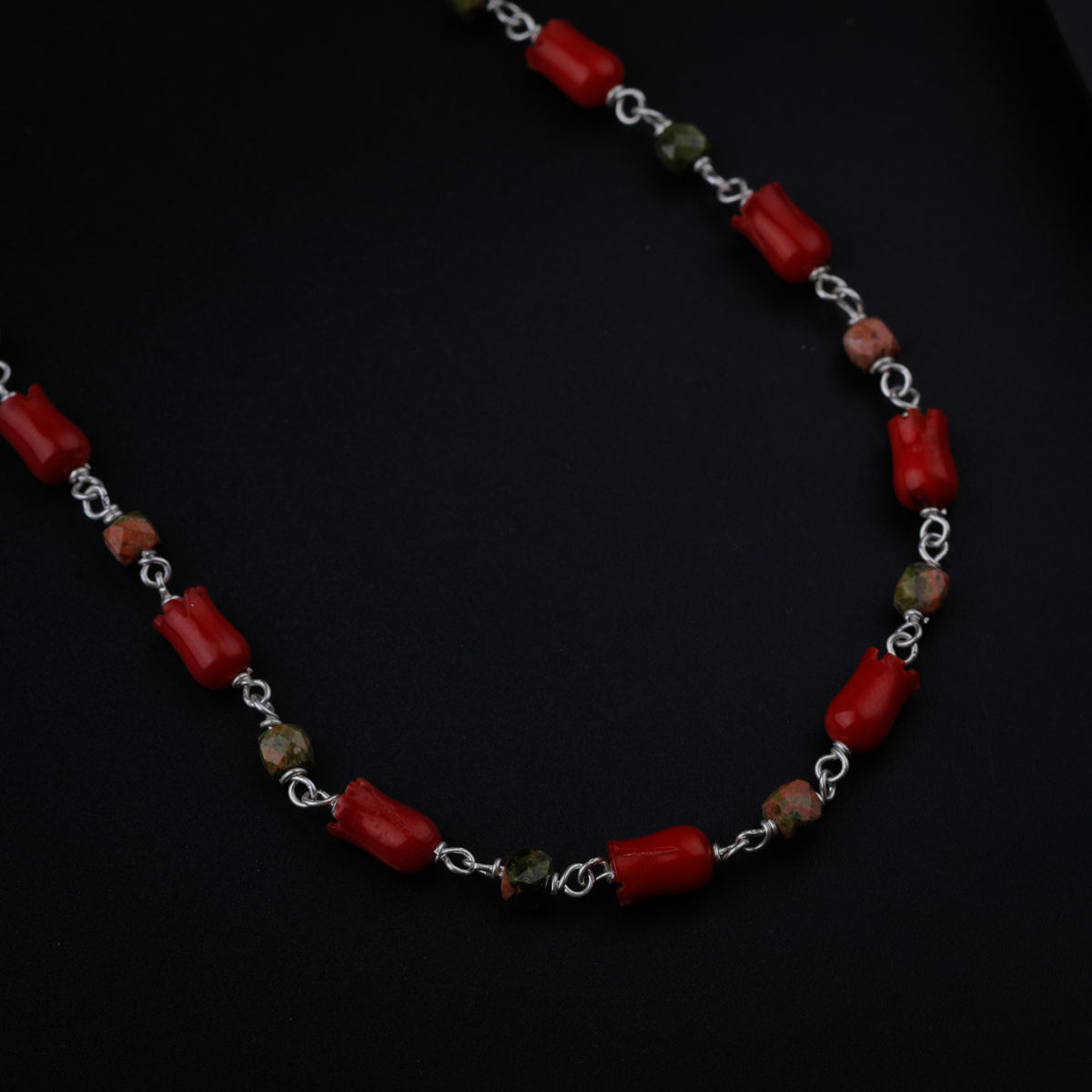 Unakite and Coral Tulips Silver Necklace