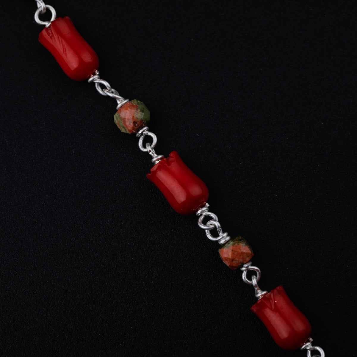 Unakite and Coral Tulips Silver Necklace