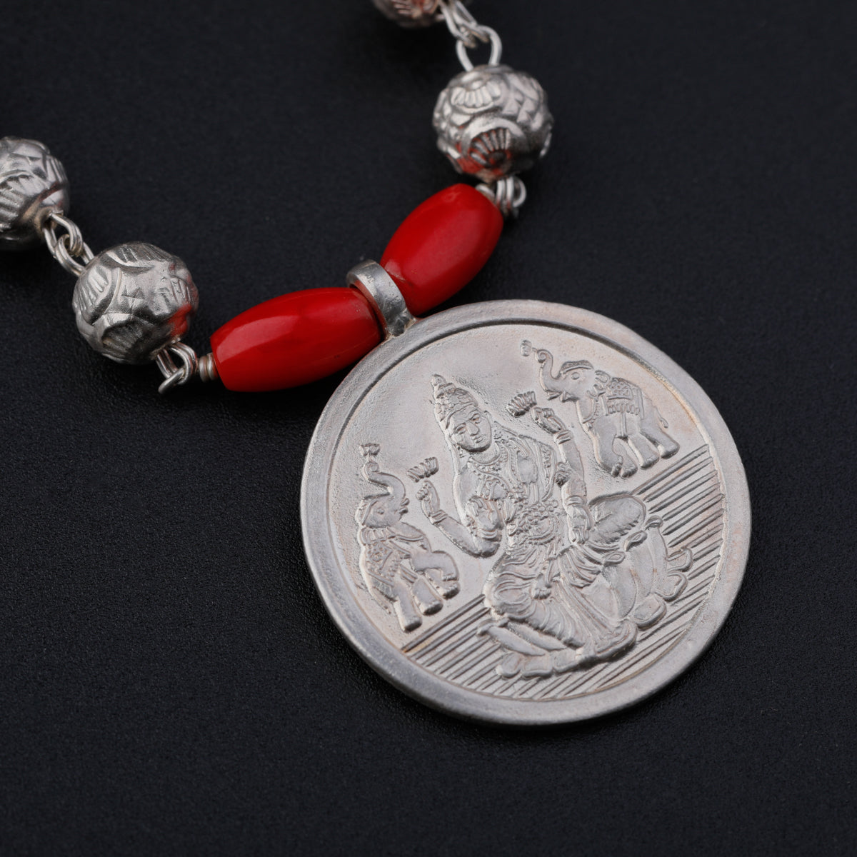 Silver Coin Putali Necklace with Coral & Silver Beads