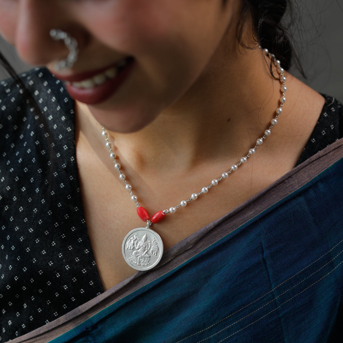 Silver Coin Necklace with Pearls