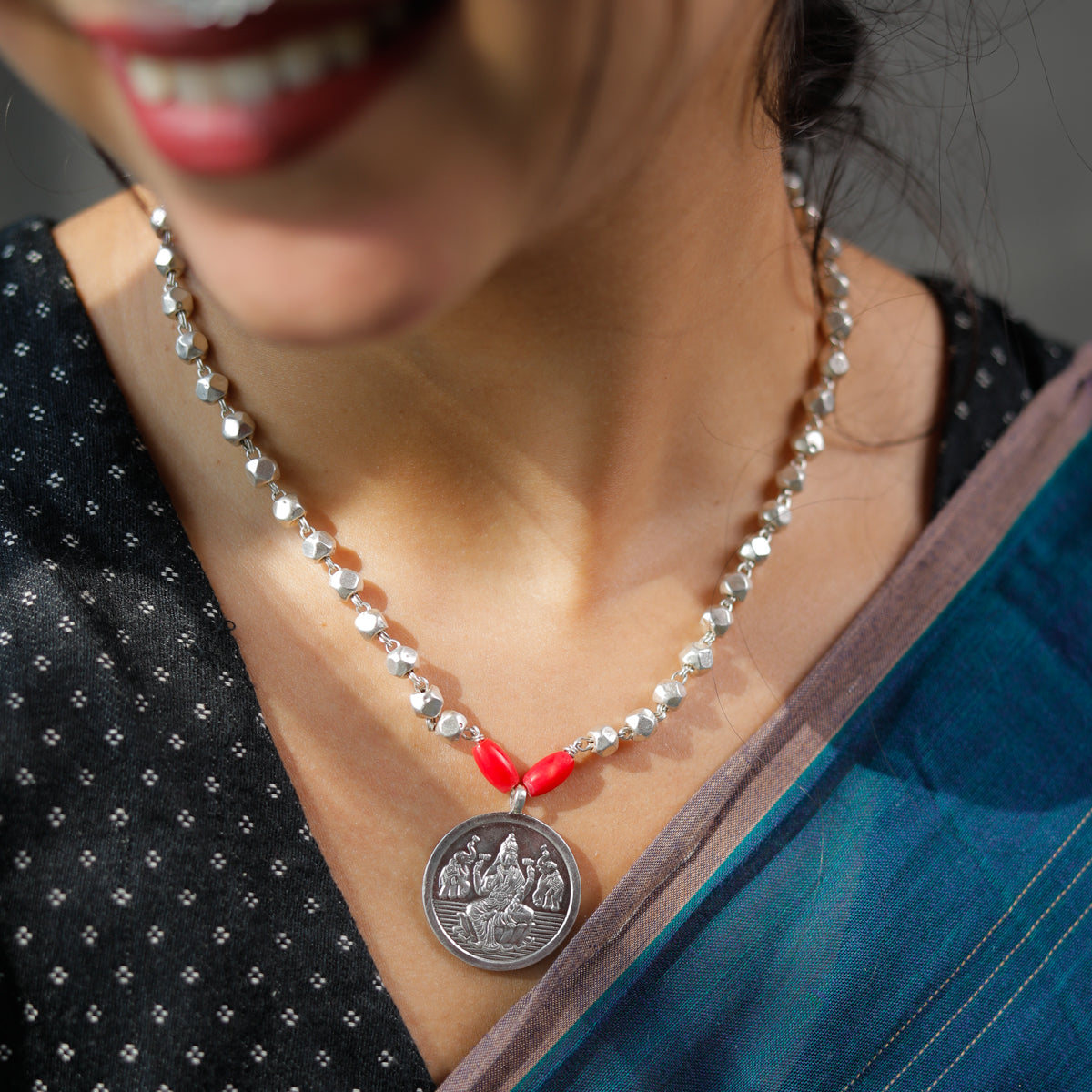 Silver Coin Necklace with Silver Beads