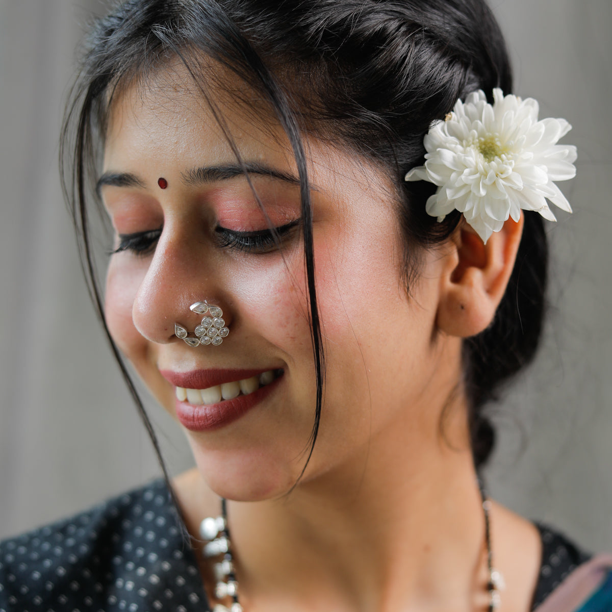 Silver CZ Nath Floral (Left, Pierced)