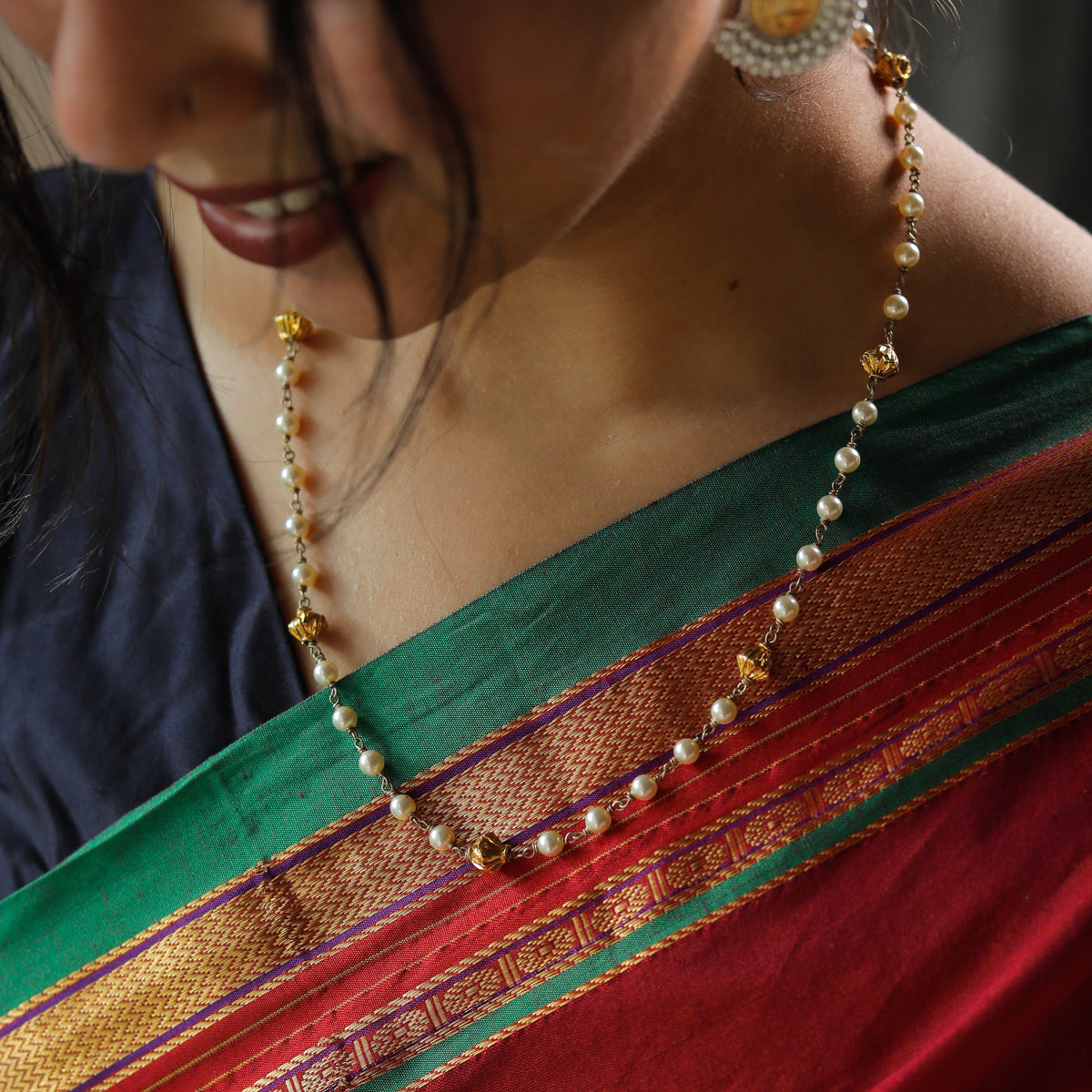 Silver Dholki Ganthan with Pearls (20 Inches)