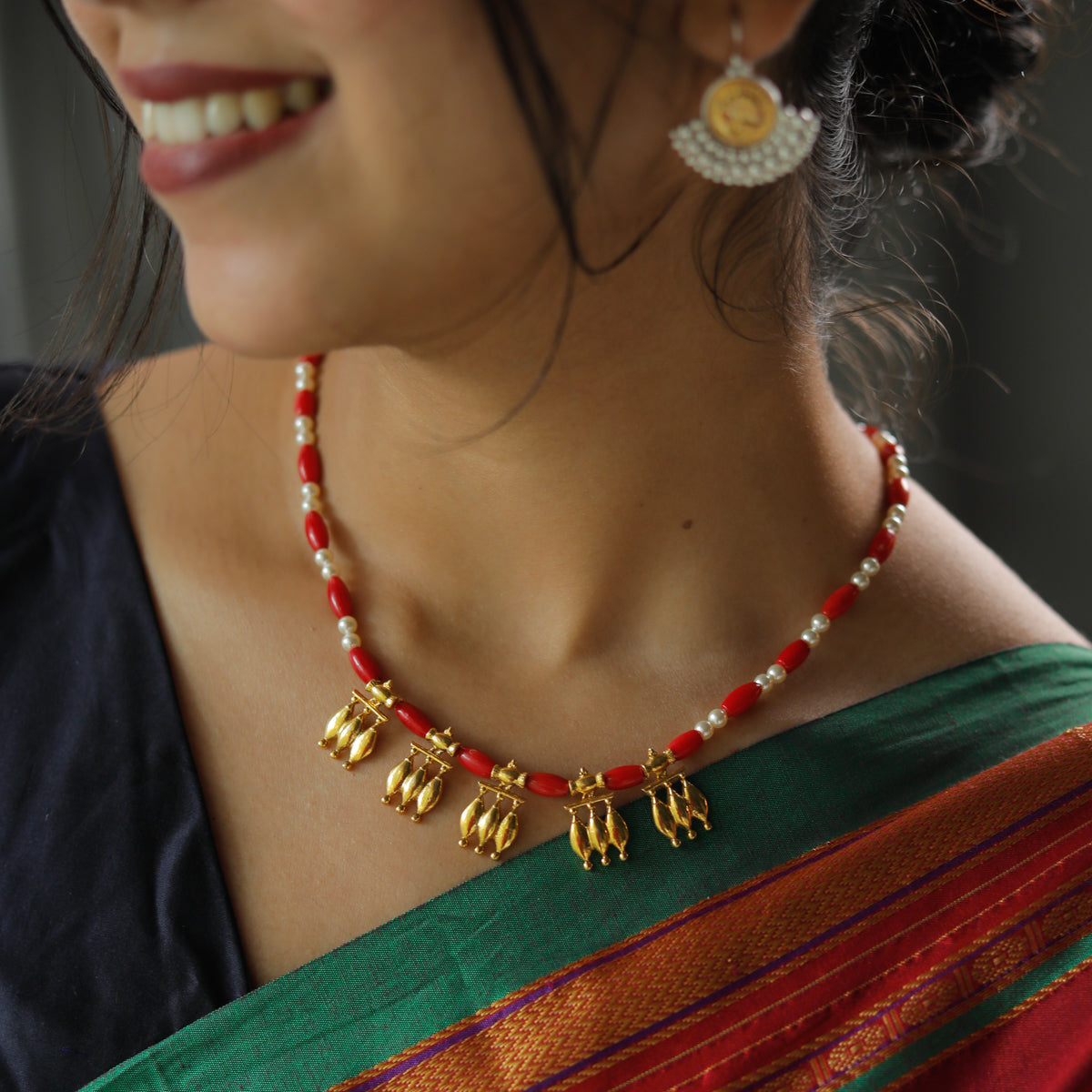 Saaj Motif: केळी (Keli) Necklace Gold Plated with Coral and Pearls