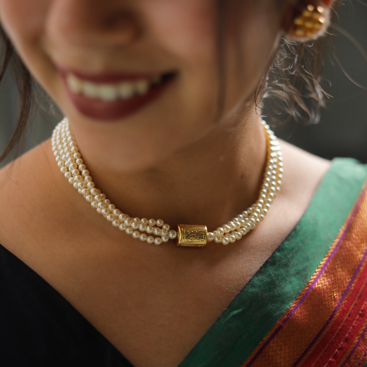 Gold Plated Silver Motif Thushee Necklace with Pearls