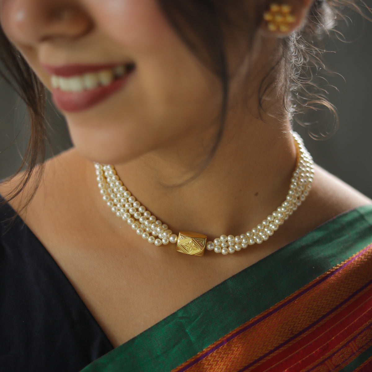 Gold Plated Silver Motif Thushee Necklace with Pearls