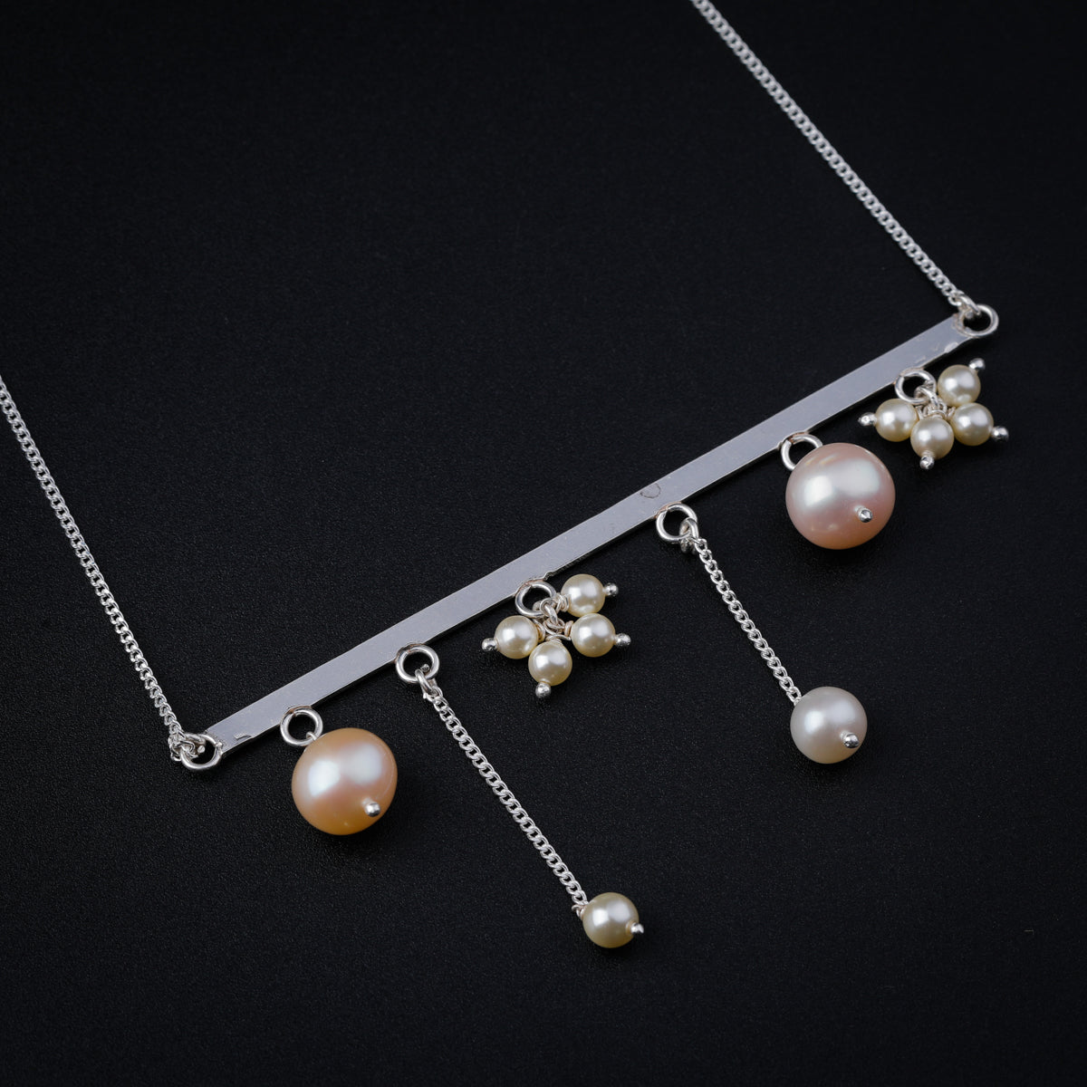 Abstract Silver Necklace with Pearls