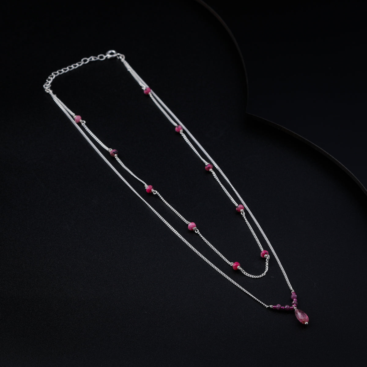 Double Layer Silver Chain Necklace with Garnet Stones