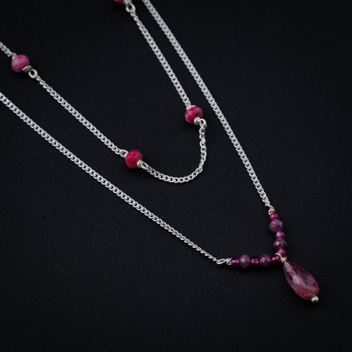 Double Layer Silver Chain Necklace with Garnet Stones