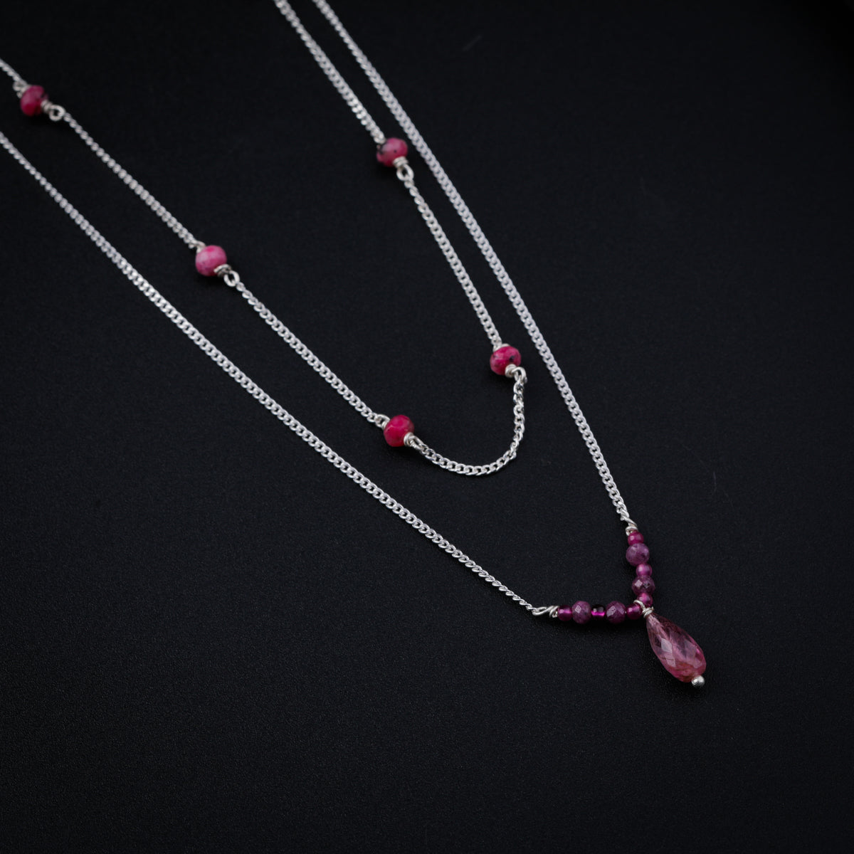 Double Layer Silver Chain Necklace with Garnet Stones