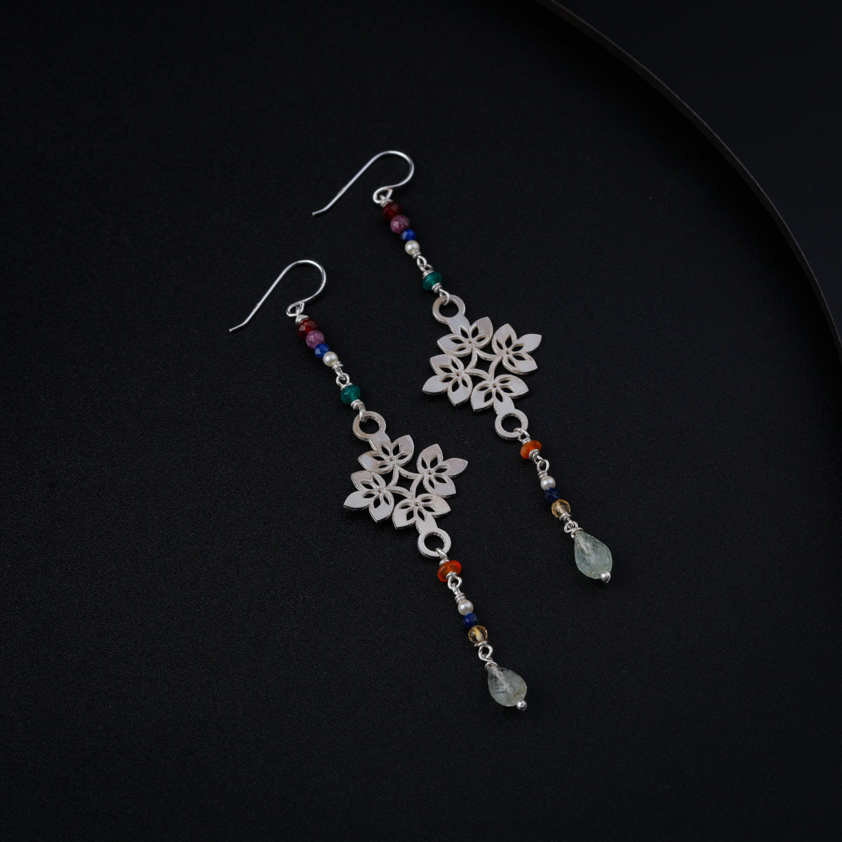 Silver Filigree Dangler Earring with Multicolor Stones