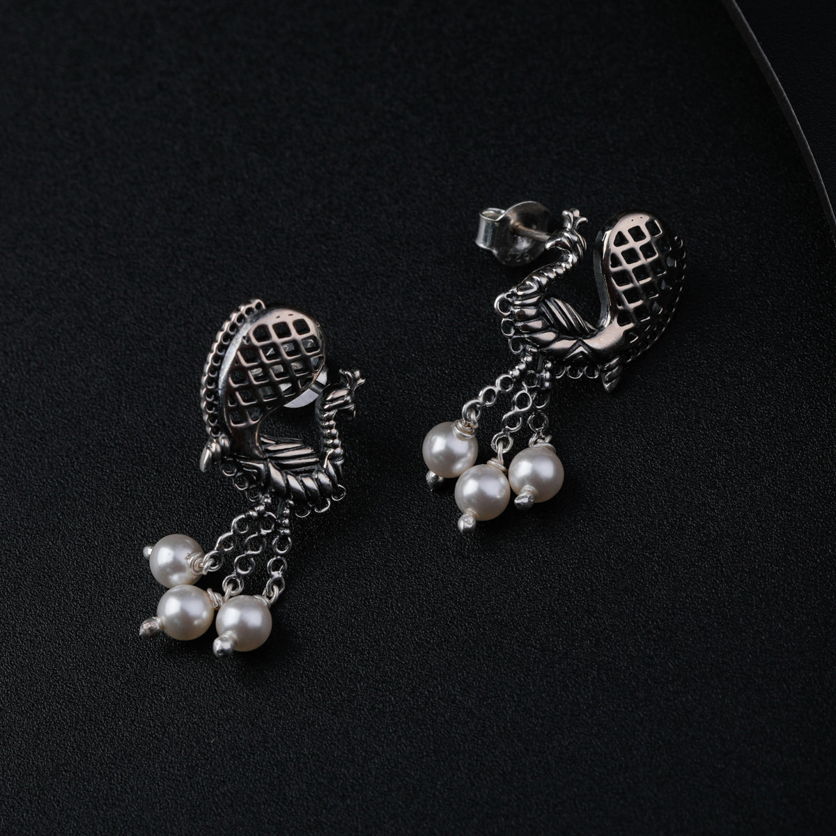 Silver Peacock Earrings with Pearls