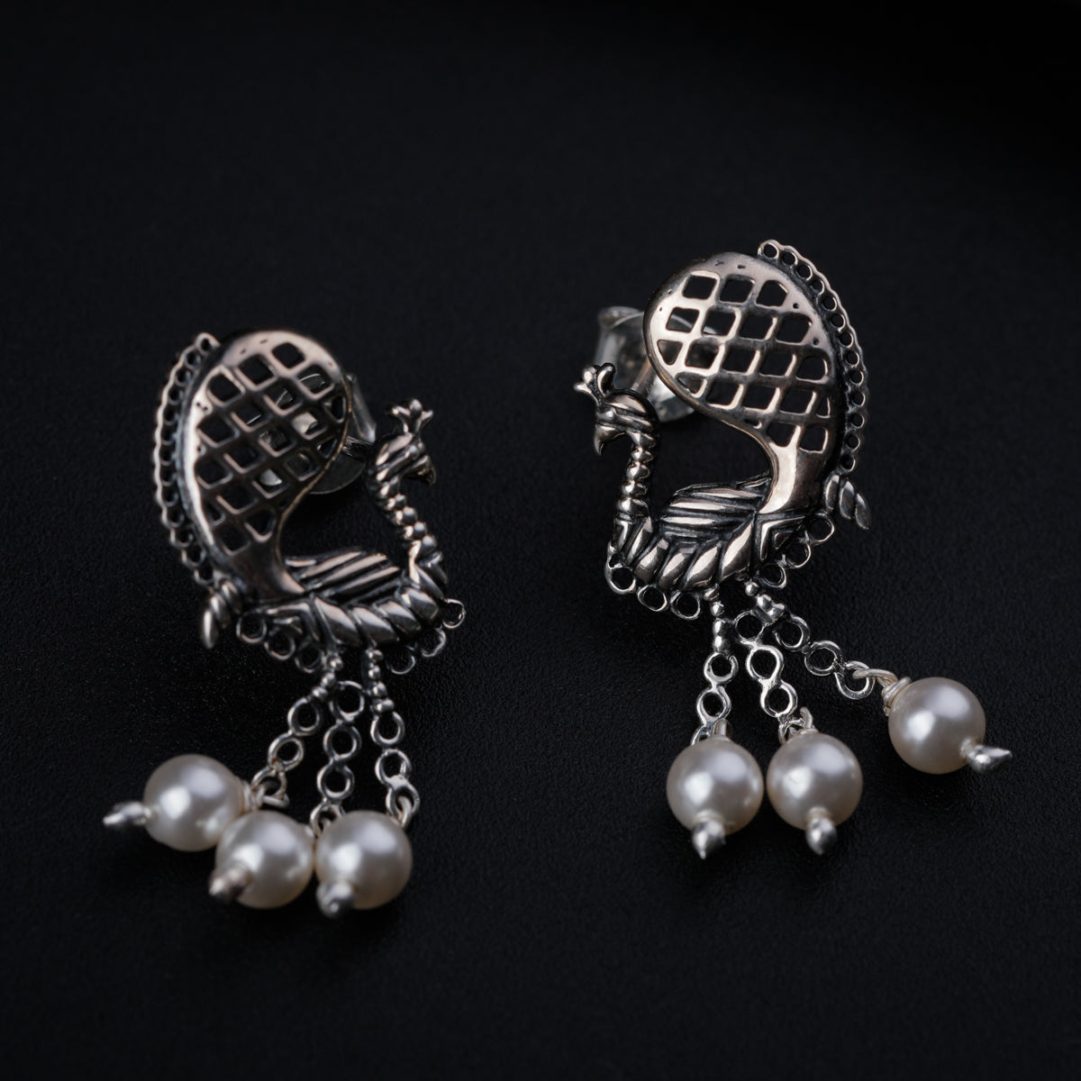 Silver Peacock Earrings with Pearls