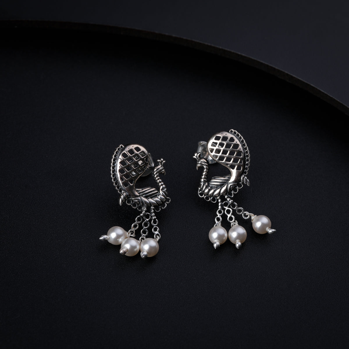 Silver Peacock Earrings with Pearls