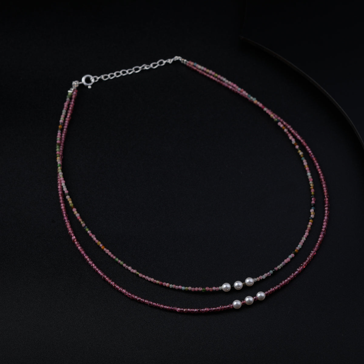 Pink Rhodolite and Tourmaline Silver Necklace