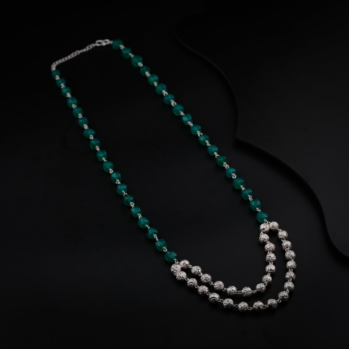 Silver Beads Necklace With Green Onyx